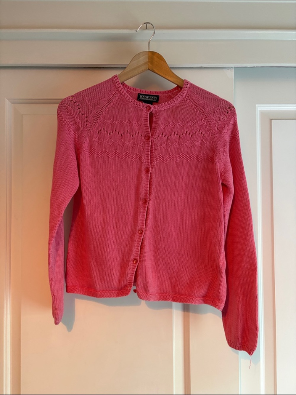 Lands' End Bright Pink Eyelet Yoke Button-Front Cardigan